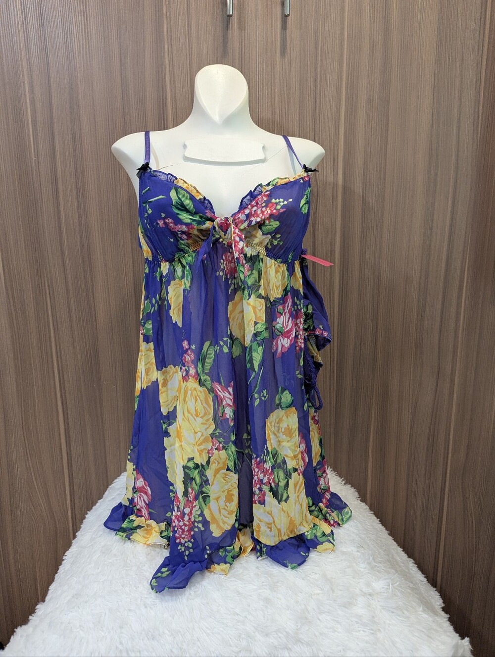 NWT Betsey Johnson Blue Floral Chiffon Babydoll Chemise & Thong Set L MSRP $69